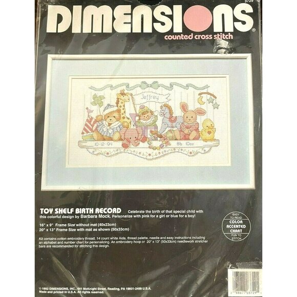 Cross Stitch Kit Dimensions Toy Shelf Birth Record 3729 Counted 16x9 Vintage USA - Picture 2 of 7